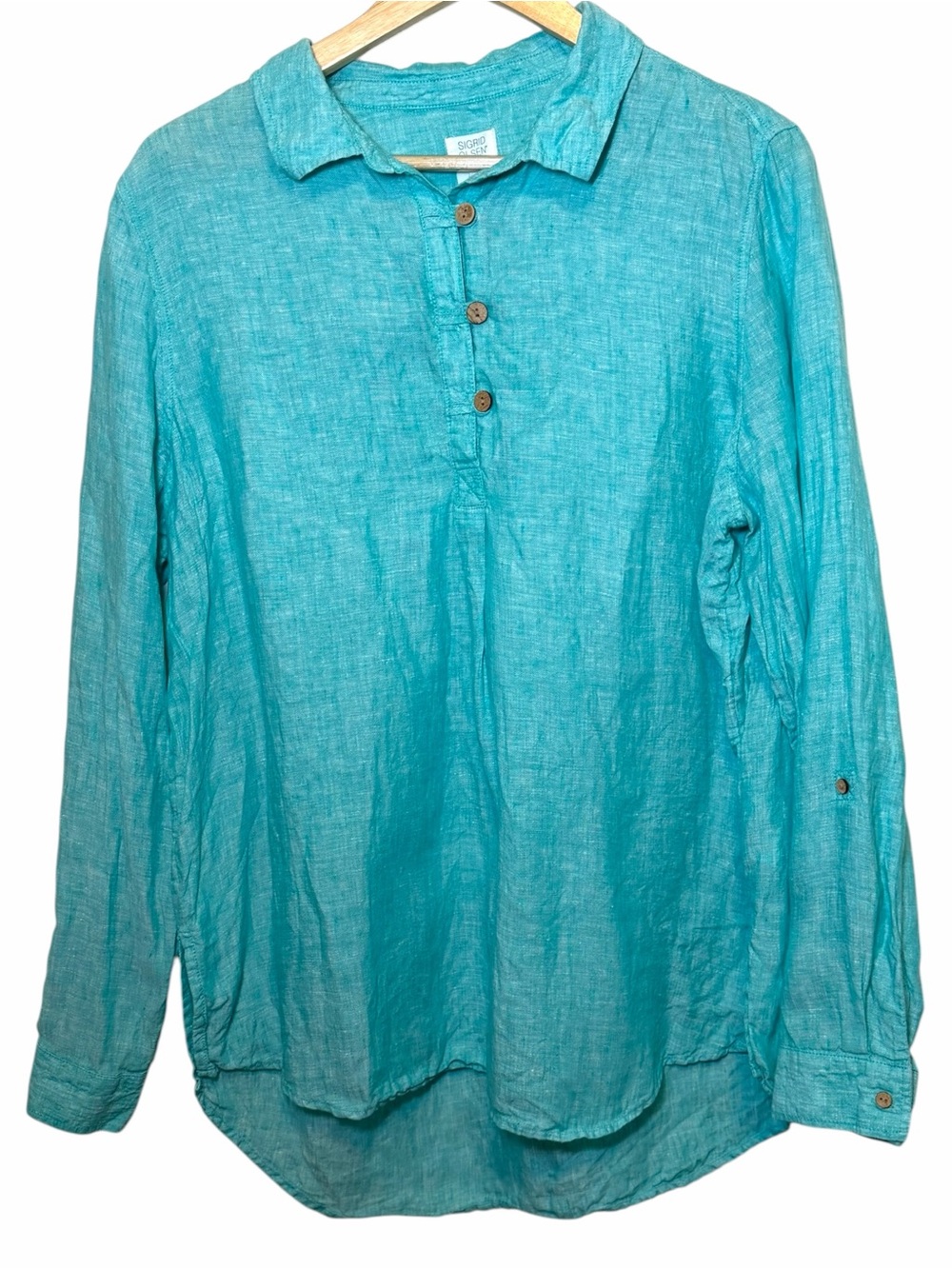 Sigrid Olsen Teal Linen long-sleeve tunic Button-Front Shirt Size XL